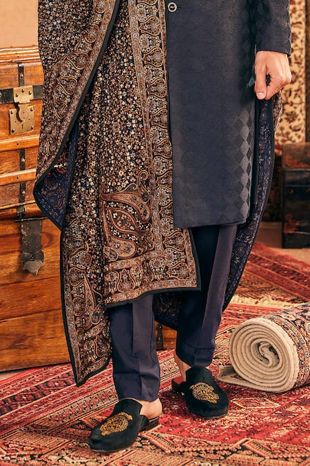 Asuka_Blue Cotton Silk Textured Sherwani Pyjama Set _Online_at_Aza_Fashions