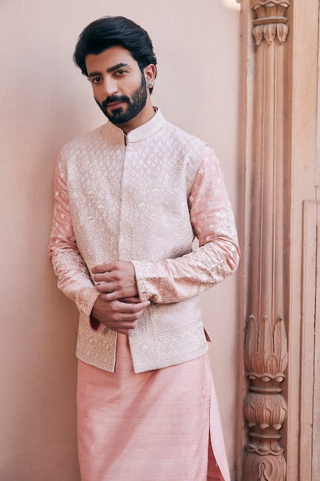 Buy_Asuka_White Silk Embroidery Floral Bundi Kurta Set _Online_at_Aza_Fashions