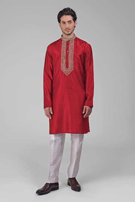 Talking Threads_Red Silk Embroidered Sequins Kurta And Pant Set  _Online_at_Aza_Fashions