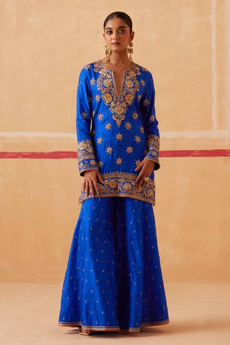 Sureena Chowdhri_Blue Kurta And Gharara Pure Silk Embroidery Zardozi Notched Devi Set_Online_at_Aza_Fashions