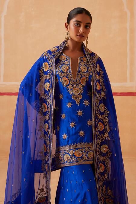 Buy_Sureena Chowdhri_Blue Kurta And Gharara Pure Silk Embroidery Zardozi Notched Devi Set_Online_at_Aza_Fashions
