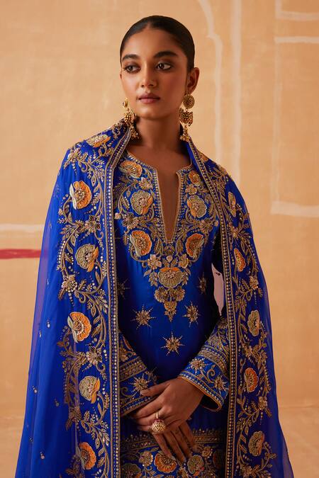 Shop_Sureena Chowdhri_Blue Kurta And Gharara Pure Silk Embroidery Zardozi Notched Devi Set_Online_at_Aza_Fashions