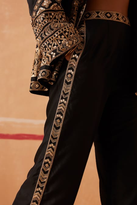 Sureena Chowdhri_Black Pure Silk Embroidery Sequin Notched Lapel Collar Shakti Jacket Pant Set_Online_at_Aza_Fashions