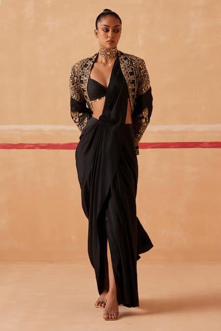 Buy Black Festive Predrape Saree With Short Jacket Online - Shop for W