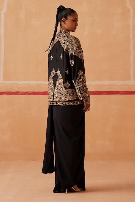 Shop Sureena Chowdhri Black Silk Beads, Sequins, Shakti Pre-draped Saree Set With Embroidered Jacket at Aza Fashions Shop_Sureena Chowdhri_Black Silk Beads, Sequins, Shakti Pre-draped Saree Set With Embroidered Jacket _at_Aza_Fashions