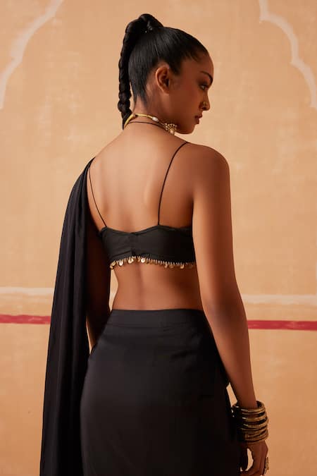 Sureena Chowdhri Black Silk Beads, Sequins, Shakti Pre-draped Saree Set With Embroidered Jacket Online at Aza Fashions Sureena Chowdhri_Black Silk Beads, Sequins, Shakti Pre-draped Saree Set With Embroidered Jacket _Online_at_Aza_Fashions