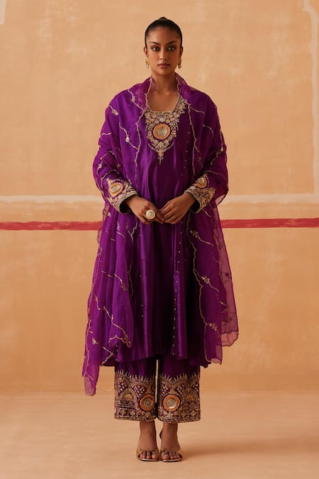 Sureena Chowdhri Purple Anarkali And Palazzo Pure Silk Embroidery Zari Blunt Razia Shabnami Set 