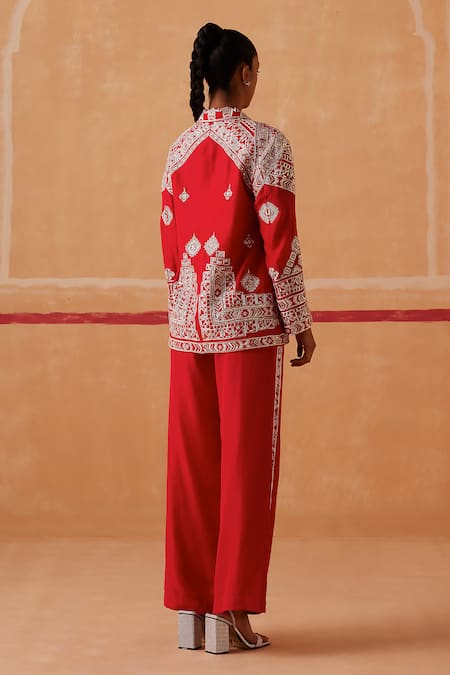 Shop Sureena Chowdhri Red Silk Cut Work Collared Vidya Geometric Embroidered Jacket Pant Set at Aza Fashions Shop_Sureena Chowdhri_Red Silk Cut Work Collared Vidya Geometric Embroidered Jacket Pant Set_at_Aza_Fashions