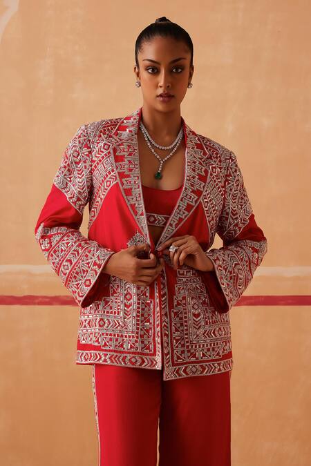 Sureena Chowdhri Red Silk Cut Work Collared Vidya Geometric Embroidered Jacket Pant Set Online at Aza Fashions Sureena Chowdhri_Red Silk Cut Work Collared Vidya Geometric Embroidered Jacket Pant Set_Online_at_Aza_Fashions