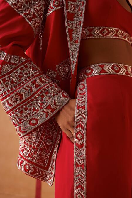 Shop Sureena Chowdhri Red Silk Cut Work Collared Vidya Geometric Embroidered Jacket Pant Set Online at Aza Fashions Shop_Sureena Chowdhri_Red Silk Cut Work Collared Vidya Geometric Embroidered Jacket Pant Set_Online_at_Aza_Fashions