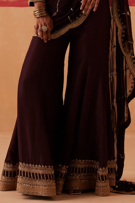 Sureena Chowdhri_Brown Silk, Georgette Sequins, Cut Work, Beads Embroidered Blouse Sharara Set_Online_at_Aza_Fashions