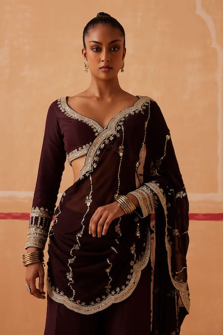 Buy_Sureena Chowdhri_Brown Silk, Georgette Sequins, Cut Work, Beads Embroidered Blouse Sharara Set_Online_at_Aza_Fashions