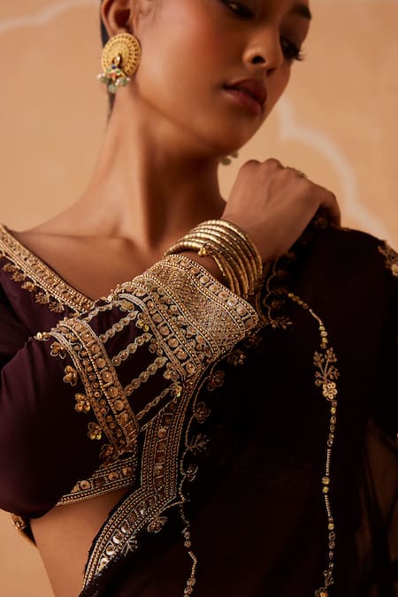Shop_Sureena Chowdhri_Brown Silk, Georgette Sequins, Cut Work, Beads Embroidered Blouse Sharara Set_Online_at_Aza_Fashions