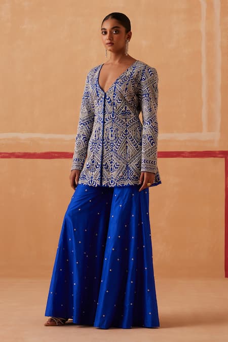 Sureena Chowdhri Blue Jacket Organza Embroidery Zari Leaf Neck Maya And Gharara Set 