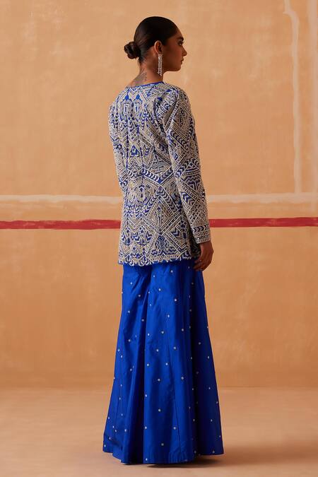 Shop Sureena Chowdhri Blue Organza, Silk Sequins, Cut Work Maya Embroidered Jacket And Gharara Set at Aza Fashions Shop_Sureena Chowdhri_Blue Organza, Silk Sequins, Cut Work Maya Embroidered Jacket And Gharara Set _at_Aza_Fashions