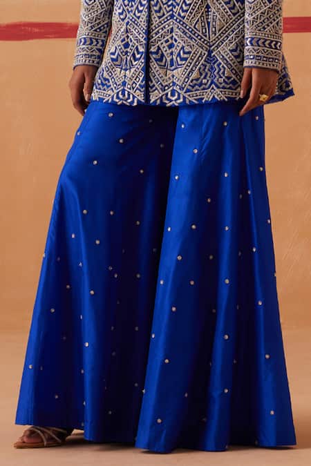 Sureena Chowdhri Blue Organza, Silk Sequins, Cut Work Maya Embroidered Jacket And Gharara Set Online at Aza Fashions Sureena Chowdhri_Blue Organza, Silk Sequins, Cut Work Maya Embroidered Jacket And Gharara Set _Online_at_Aza_Fashions