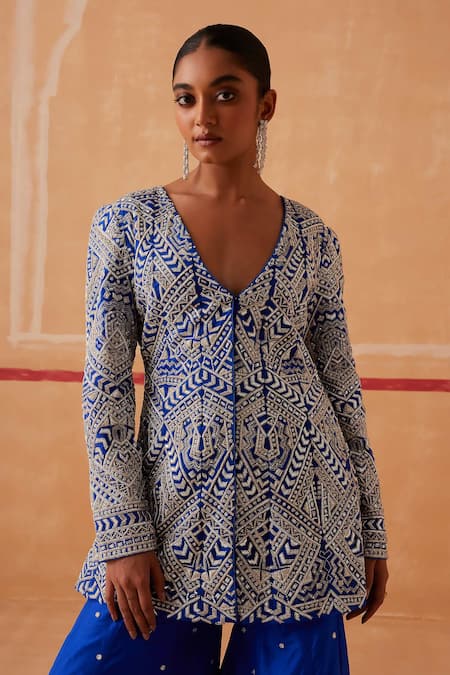 Buy Sureena Chowdhri Blue Organza, Silk Sequins, Cut Work Maya Embroidered Jacket And Gharara Set Online at Aza Fashions Buy_Sureena Chowdhri_Blue Organza, Silk Sequins, Cut Work Maya Embroidered Jacket And Gharara Set _Online_at_Aza_Fashions