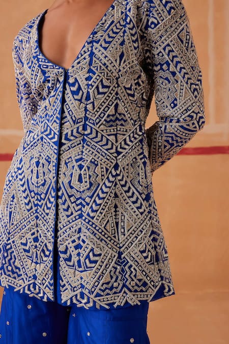 Shop Sureena Chowdhri Blue Organza, Silk Sequins, Cut Work Maya Embroidered Jacket And Gharara Set Online at Aza Fashions Shop_Sureena Chowdhri_Blue Organza, Silk Sequins, Cut Work Maya Embroidered Jacket And Gharara Set _Online_at_Aza_Fashions