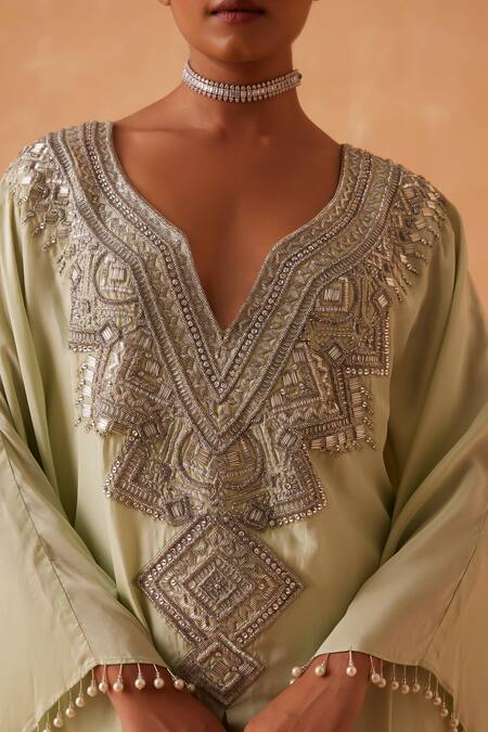 Buy_Sureena Chowdhri_Green Habutai Silk Embroidered Yoke Pipe Notched V Neck Maya Kaftan _Online_at_Aza_Fashions