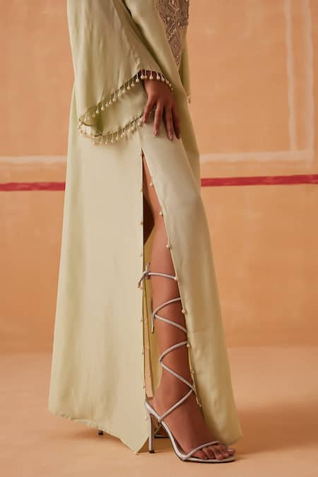 Shop_Sureena Chowdhri_Green Habutai Silk Embroidered Yoke Pipe Notched V Neck Maya Kaftan _Online_at_Aza_Fashions