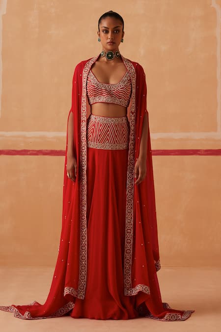 Sureena Chowdhri Red Blouse Organza Hand Embroidery Pipe Ekaya Placement Lehenga Cape Set 