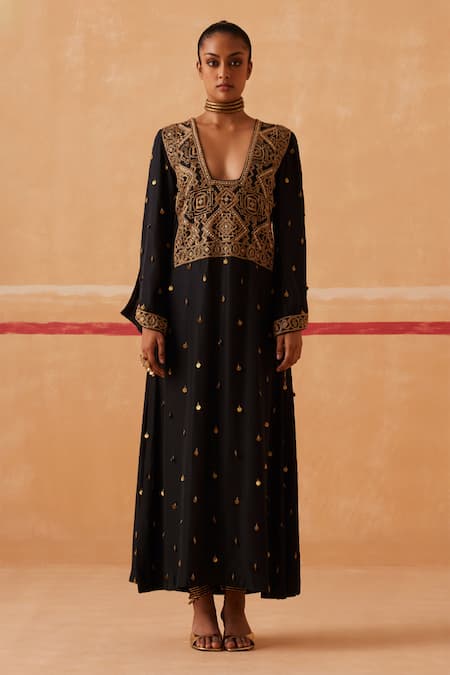Sureena Chowdhri Black Pure Silk Embroidery Zardozi Deep Square Neck Hazrat Kaftan