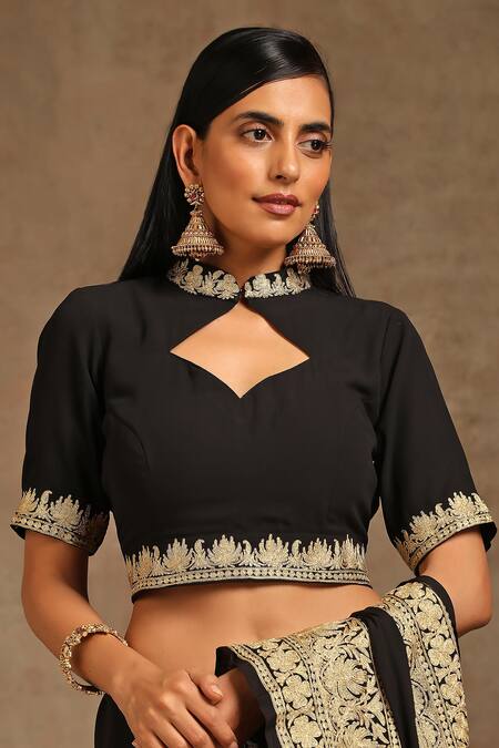 Buy_Wazir C_Black Crepe, Georgette, Cotton Embroidery High Kashmiri Tilla Saree With Blouse_Online_at_Aza_Fashions