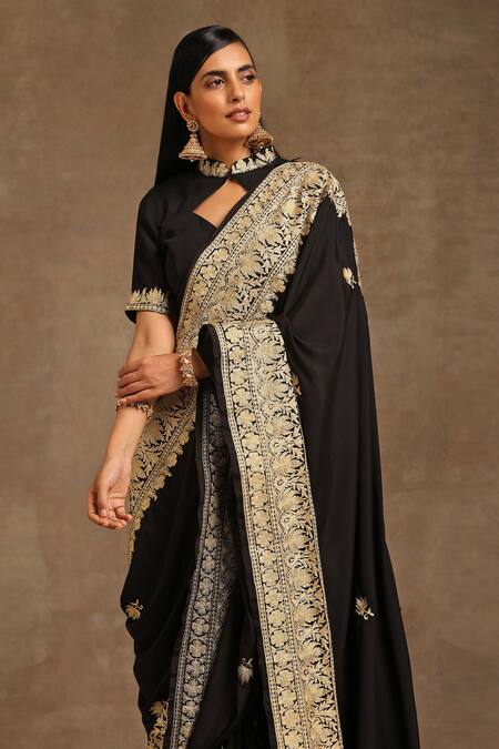Shop_Wazir C_Black Crepe, Georgette, Cotton Embroidery High Kashmiri Tilla Saree With Blouse_Online_at_Aza_Fashions