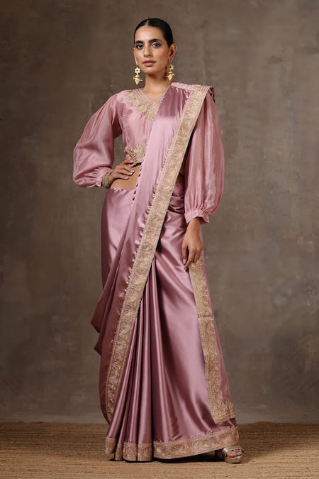 Wazir C_Pink Satin, Cotton, Organza Placement Saree With Balloon Sleeve Blouse _Online_at_Aza_Fashions