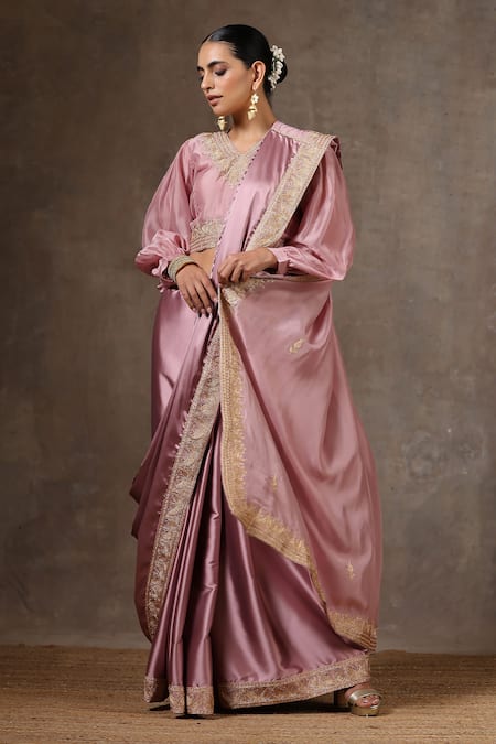 Buy_Wazir C_Pink Satin, Cotton, Organza Placement Saree With Balloon Sleeve Blouse _Online_at_Aza_Fashions