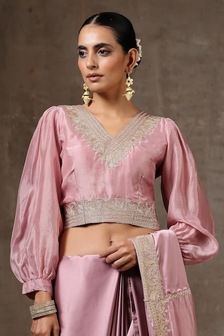 Wazir C_Pink Satin, Cotton, Organza Placement Saree With Balloon Sleeve Blouse _at_Aza_Fashions