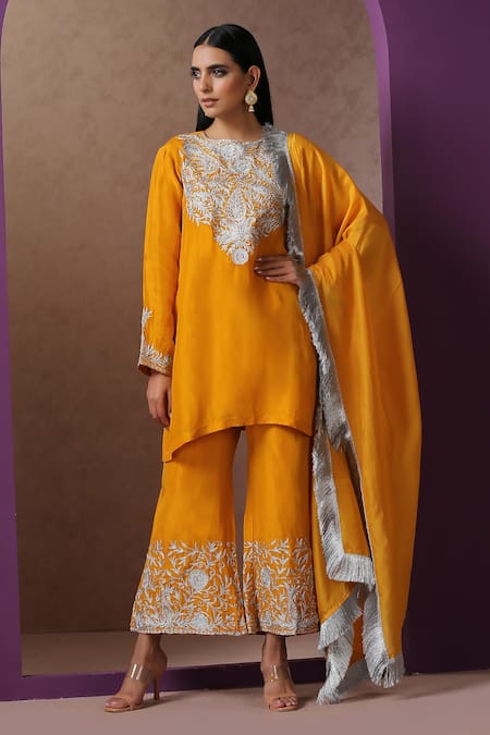 Wazir C Yellow Silk, Organza, Cotton Kashmiri Tilla Kurta Bell Bottom Pant Set 