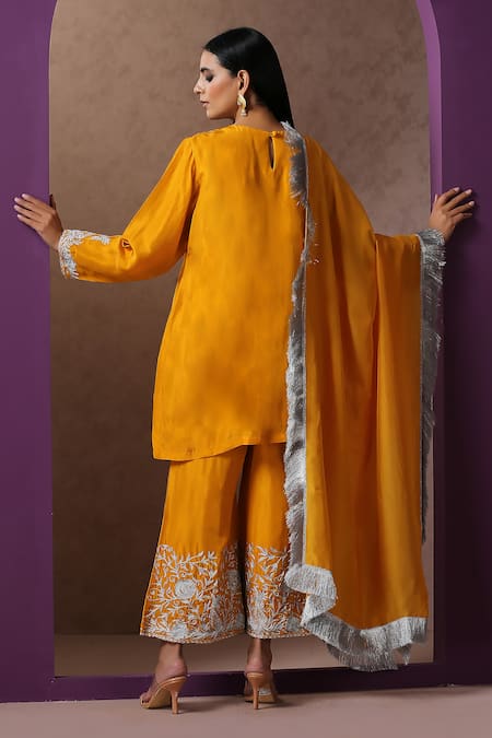 Shop_Wazir C_Yellow Silk, Organza, Cotton Kashmiri Tilla Kurta Bell Bottom Pant Set _at_Aza_Fashions