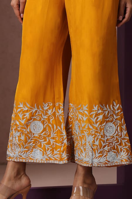 Wazir C_Yellow Silk, Organza, Cotton Kashmiri Tilla Kurta Bell Bottom Pant Set _Online_at_Aza_Fashions