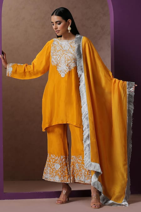 Buy_Wazir C_Yellow Silk, Organza, Cotton Kashmiri Tilla Kurta Bell Bottom Pant Set _Online_at_Aza_Fashions