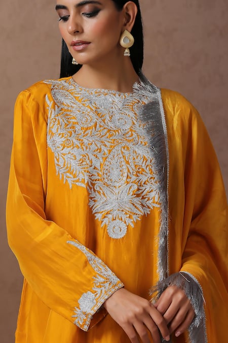 Shop_Wazir C_Yellow Silk, Organza, Cotton Kashmiri Tilla Kurta Bell Bottom Pant Set _Online_at_Aza_Fashions