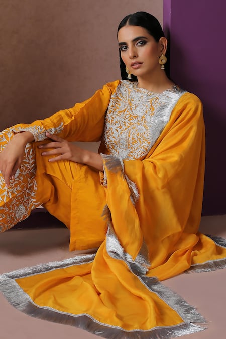 Wazir C_Yellow Silk, Organza, Cotton Kashmiri Tilla Kurta Bell Bottom Pant Set _at_Aza_Fashions