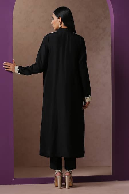 Shop_Wazir C_Black Silk, Cotton Embroidery Collared Achkan Kurta With Pant _at_Aza_Fashions