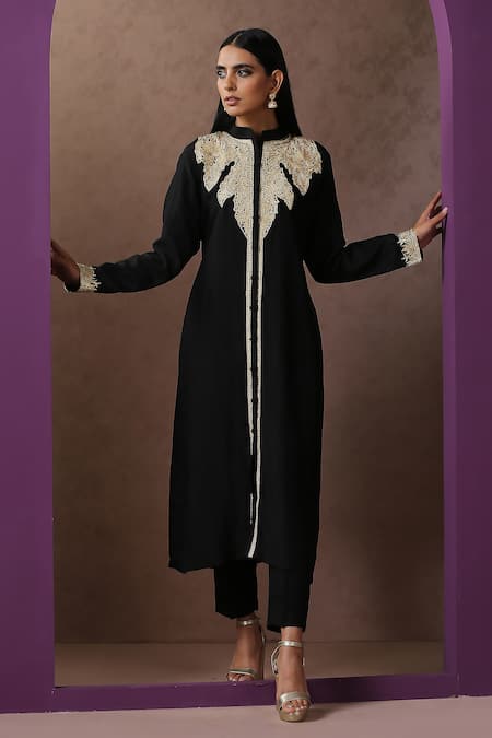 Wazir C_Black Silk, Cotton Embroidery Collared Achkan Kurta With Pant _Online_at_Aza_Fashions