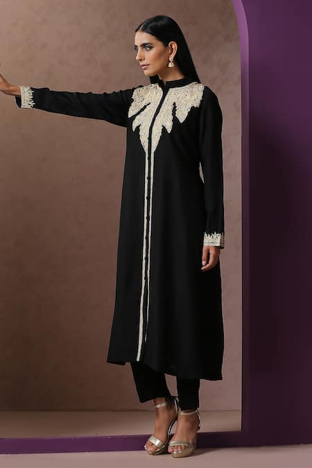 Buy_Wazir C_Black Silk, Cotton Embroidery Collared Achkan Kurta With Pant _Online_at_Aza_Fashions