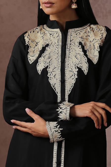 Shop_Wazir C_Black Silk, Cotton Embroidery Collared Achkan Kurta With Pant _Online_at_Aza_Fashions