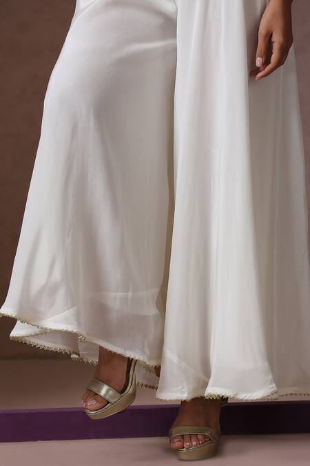 Wazir C_White Organza, Crepe, Cotton Embroidery Kashmiri Tilla Kurta Flared Pant Set_Online_at_Aza_Fashions