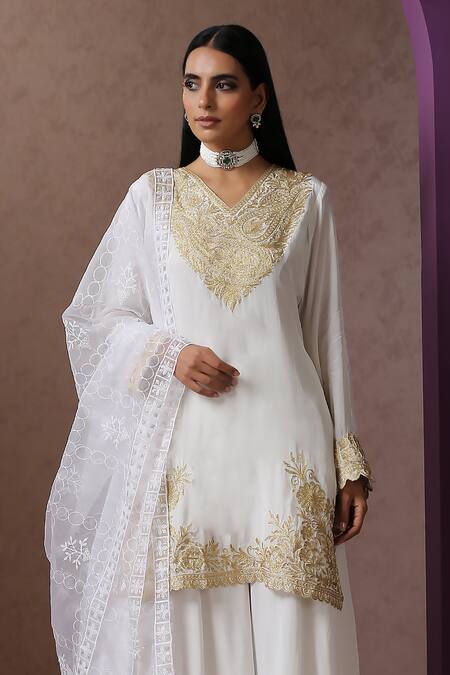 Shop_Wazir C_White Organza, Crepe, Cotton Embroidery Kashmiri Tilla Kurta Flared Pant Set_Online_at_Aza_Fashions