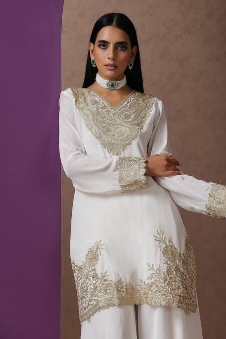 Buy_Wazir C_White Organza, Crepe, Cotton Embroidery Kashmiri Tilla Kurta Flared Pant Set