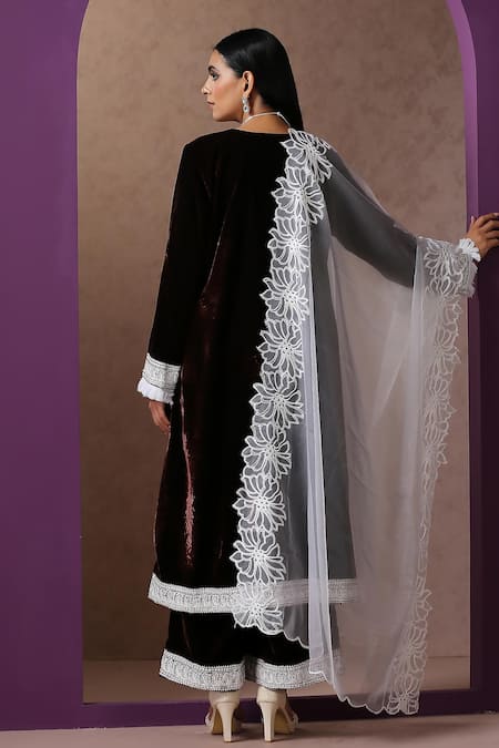 Shop_Wazir C_Brown Velvet, Organza Embroidery V-neck Placement Kurta Flared Pant Set _at_Aza_Fashions