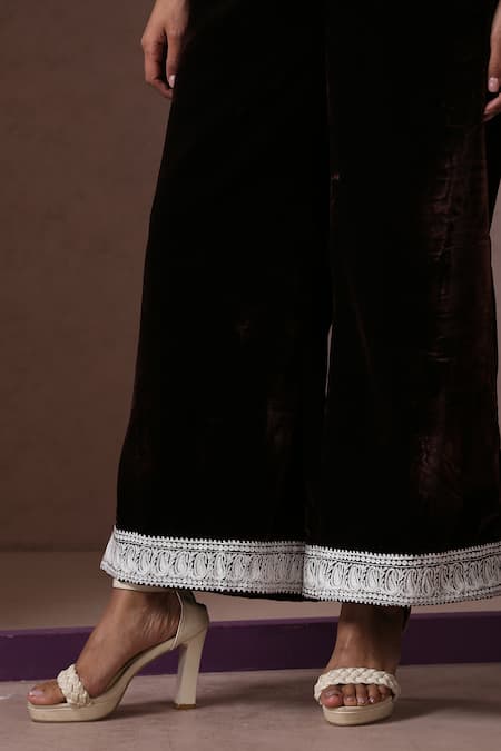 Wazir C_Brown Velvet, Organza Embroidery V-neck Placement Kurta Flared Pant Set _Online_at_Aza_Fashions