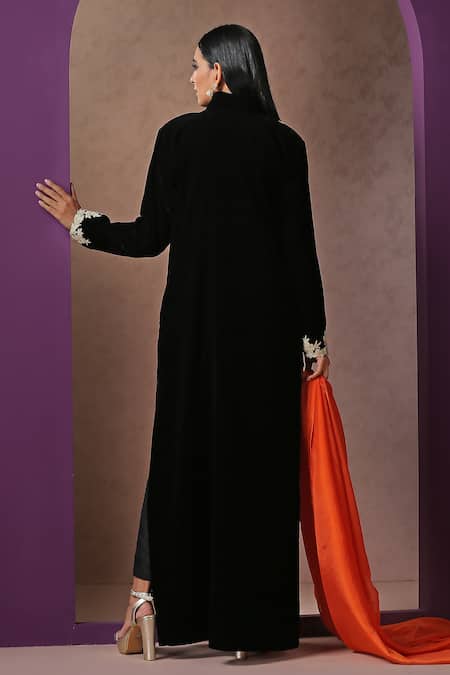 Shop_Wazir C_Black Silk, Velvet, Cotton Embroidery V-neck Placement Kashmiri Kurta Pant Set _at_Aza_Fashions