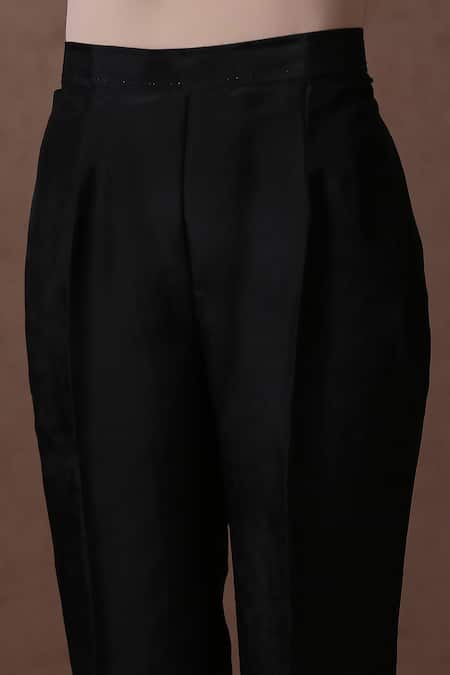 Wazir C_Black Silk, Velvet, Cotton Embroidery V-neck Placement Kashmiri Kurta Pant Set _Online_at_Aza_Fashions