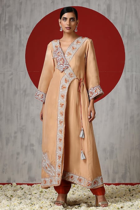 Wazir C Beige Silk Embroidery Kashmiri Aari V Neck Angarakha Kurta With Pant 