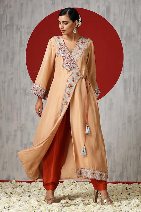 Buy_Wazir C_Beige Silk, Cotton Embroidery V-neck Kashmiri Angarakha Kurta With Pant _Online_at_Aza_Fashions